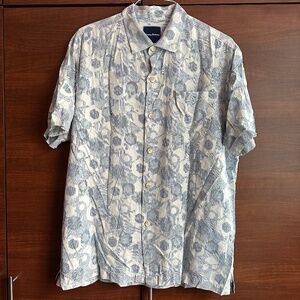 Tommy Bahama 100% Silk Mens Button Down Short Sleeve Shirt Blue Geometric Design